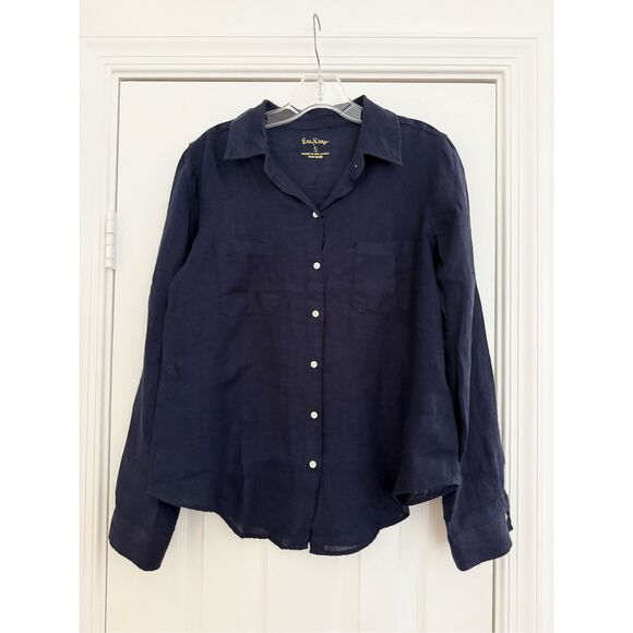 Lilly Pulitzer Tops - Lilly Pulitzer Womens Navy Linen Sea View Long Sleeve Button Up Shirt Small NWT